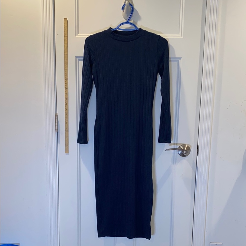Shasa Navy Blue Ribbed Long Sleeve Dress